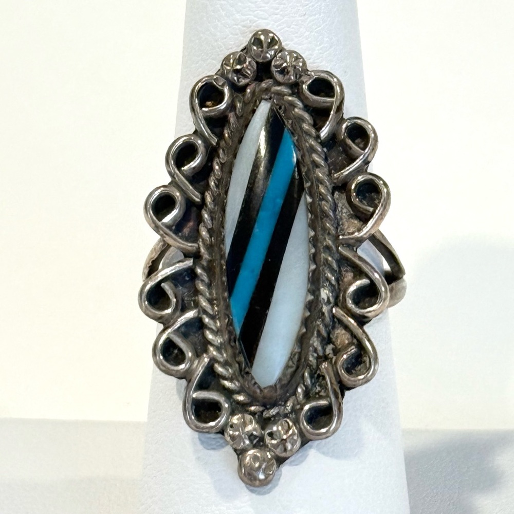 Vintage 925 Sterling Silver Southwest Turquoise Onyx Mother Pearl Ring Sawtooth